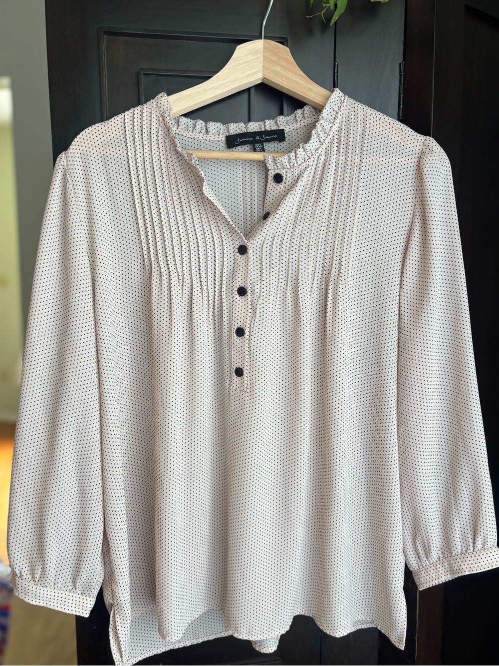 Jasmine & Juliana Cream Polka Dot Pleated Blouse Top Size L Cottage Core Office